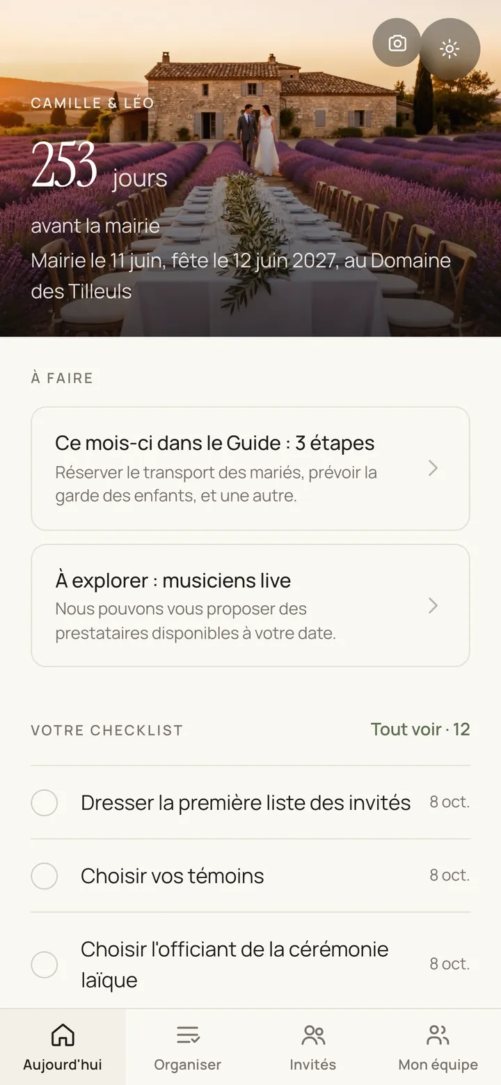 L'accueil de l'app : 253 jours avant la mairie, sur la photo du couple, puis les choses à faire.