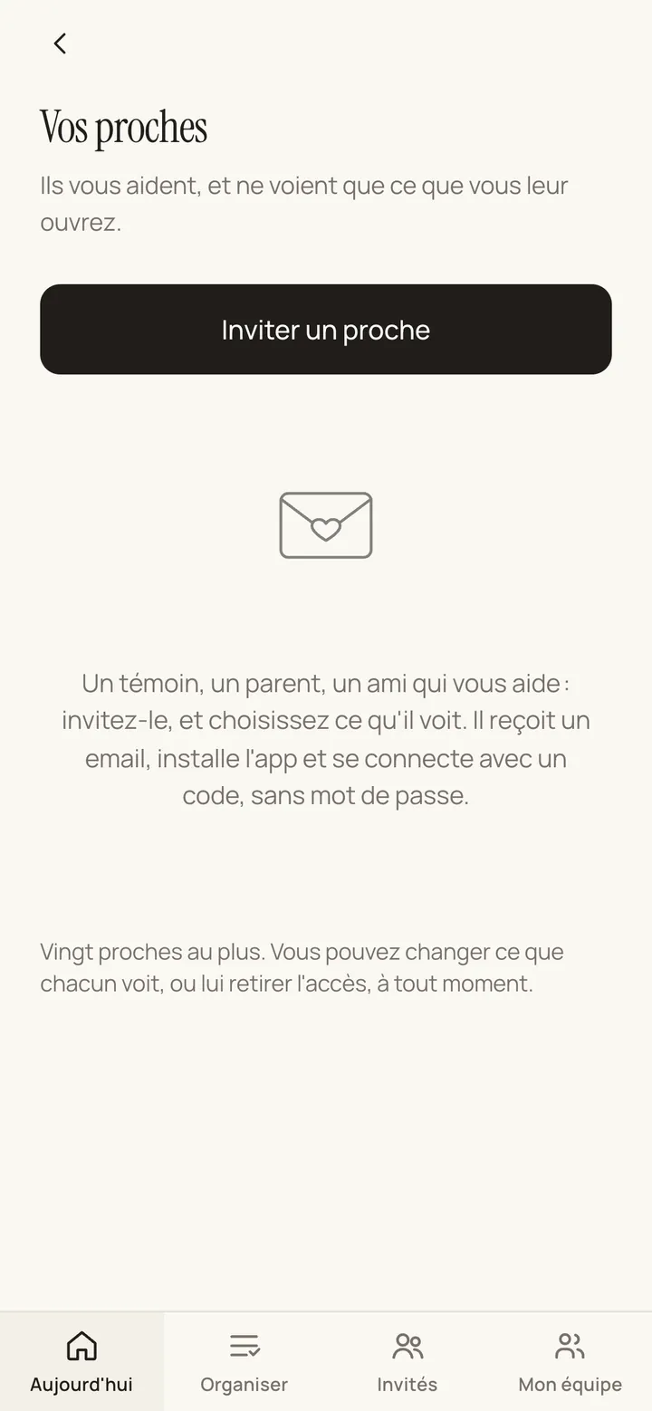 L'écran des proches : inviter un témoin, un parent ou un ami, et choisir ce qu'il voit.
