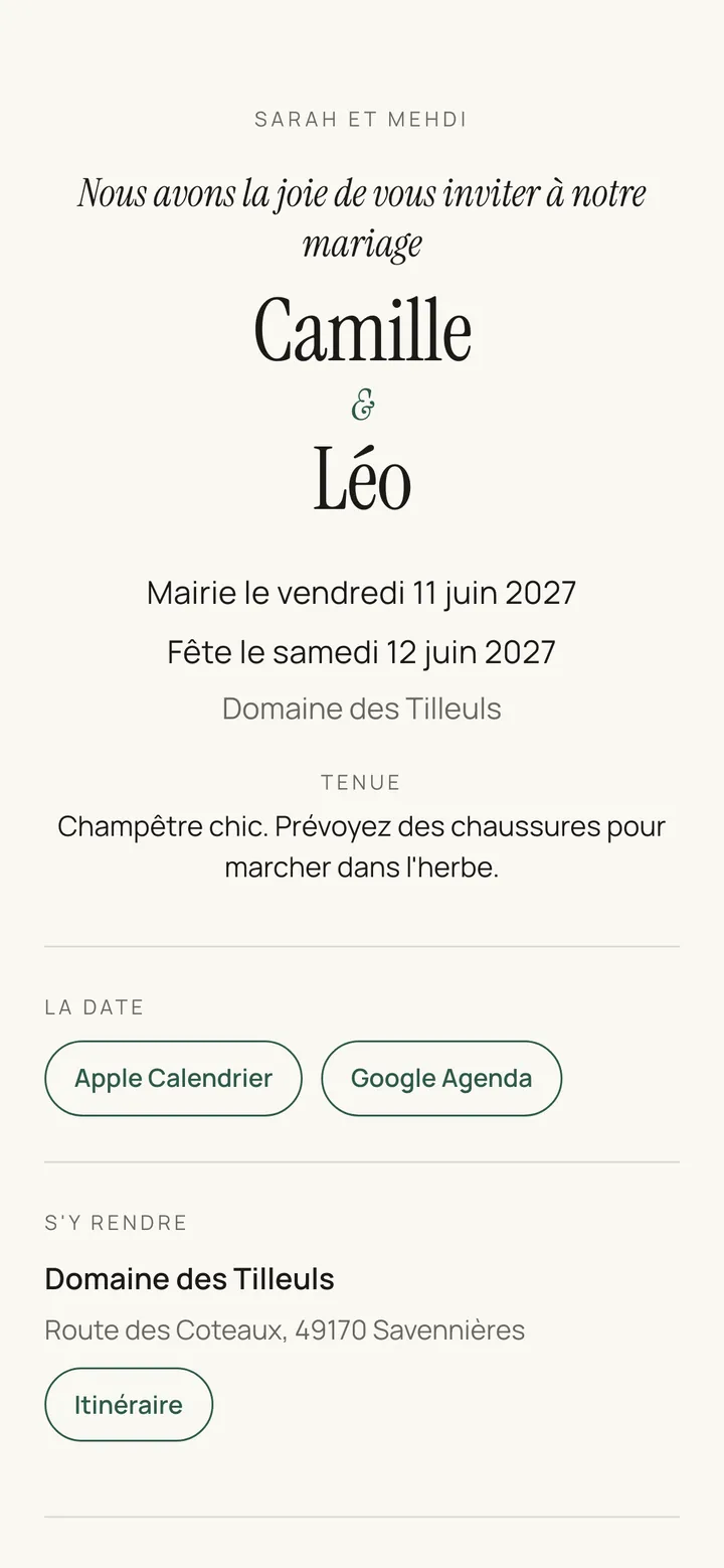 L'invitation ouverte : les prénoms, les deux dates, le lieu, la tenue, et les boutons calendrier et itinéraire.