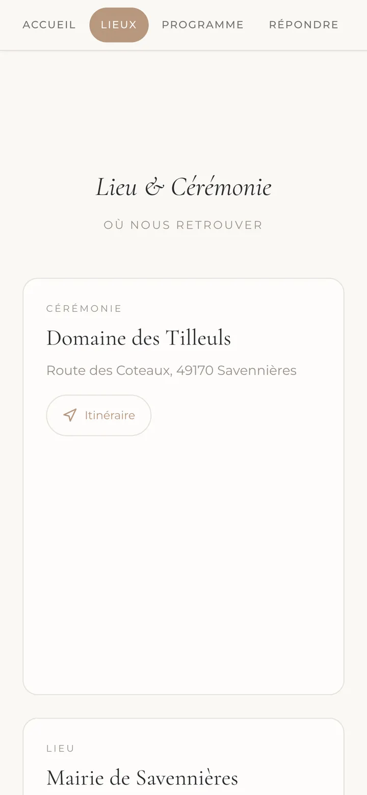 Les lieux sur le site : le domaine, son adresse et le bouton itinéraire.
