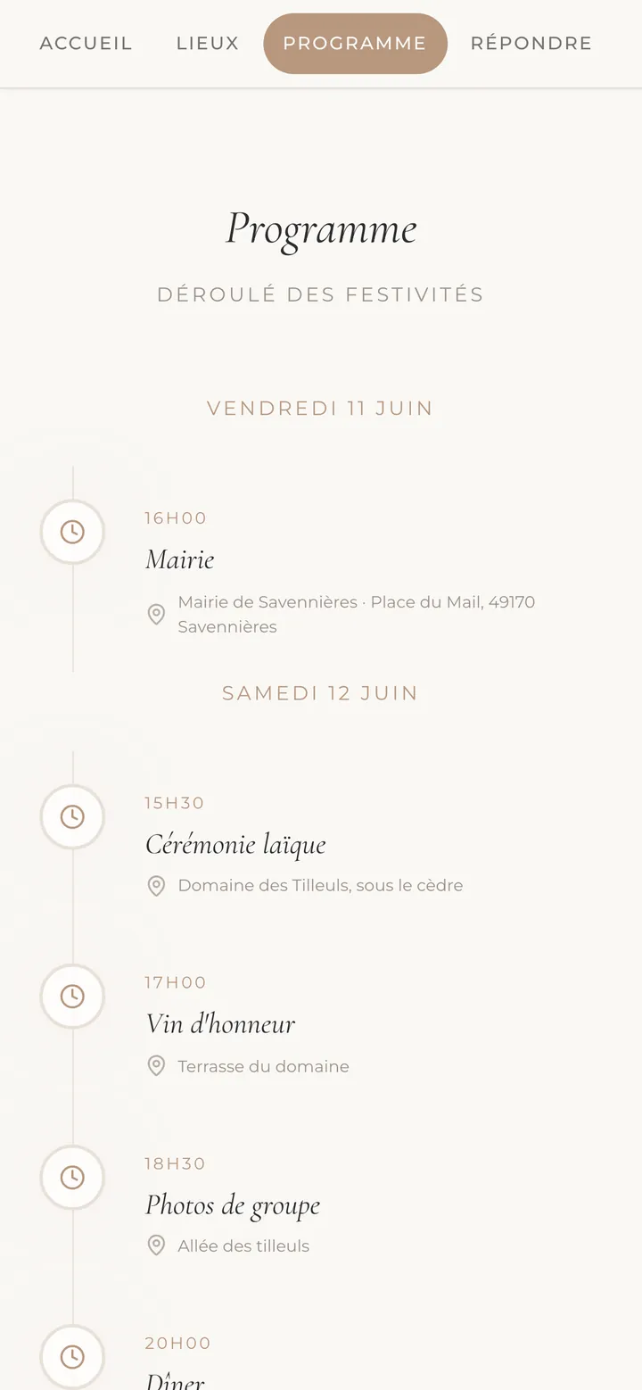 Le programme sur le site : mairie le vendredi, cérémonie, vin d'honneur et photos le samedi.