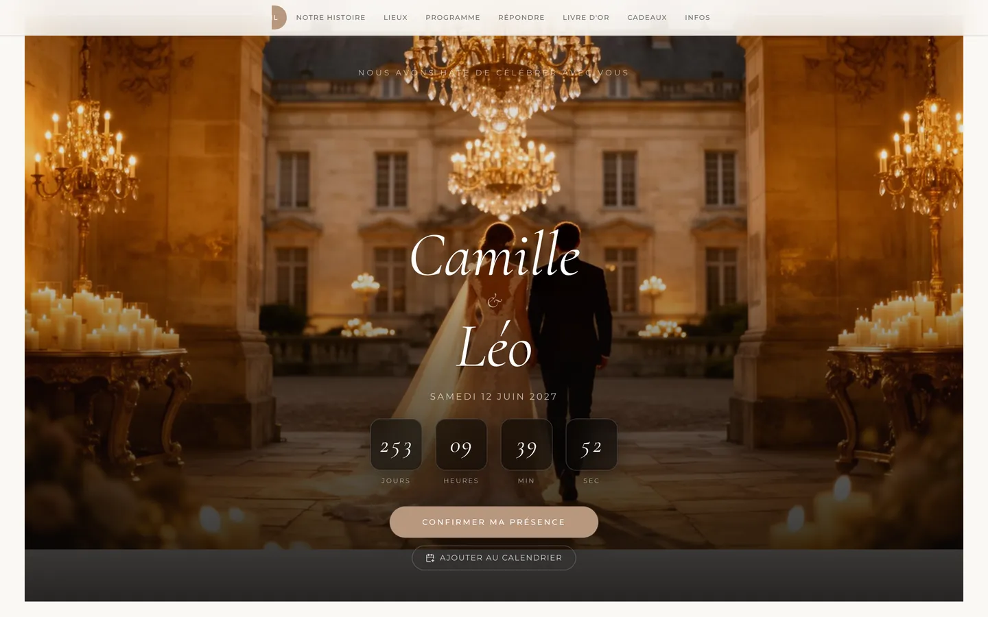 Le site de Camille & Léo, thème Élégant, sur un ordinateur.