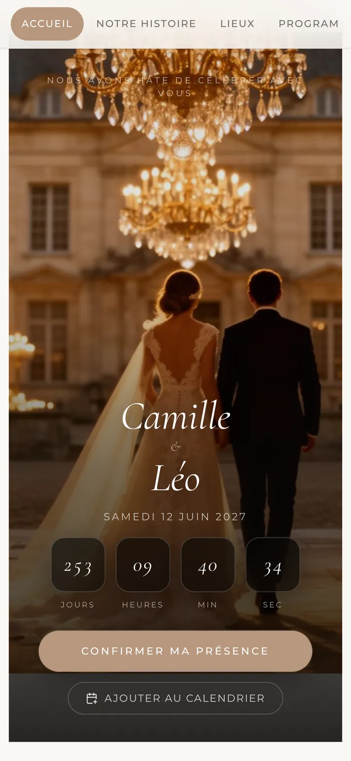 Le site de Camille & Léo, thème Élégant, au téléphone.