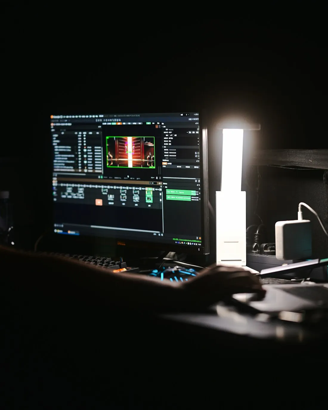 Poste de montage la nuit, timeline à l'écran et main sur le clavier